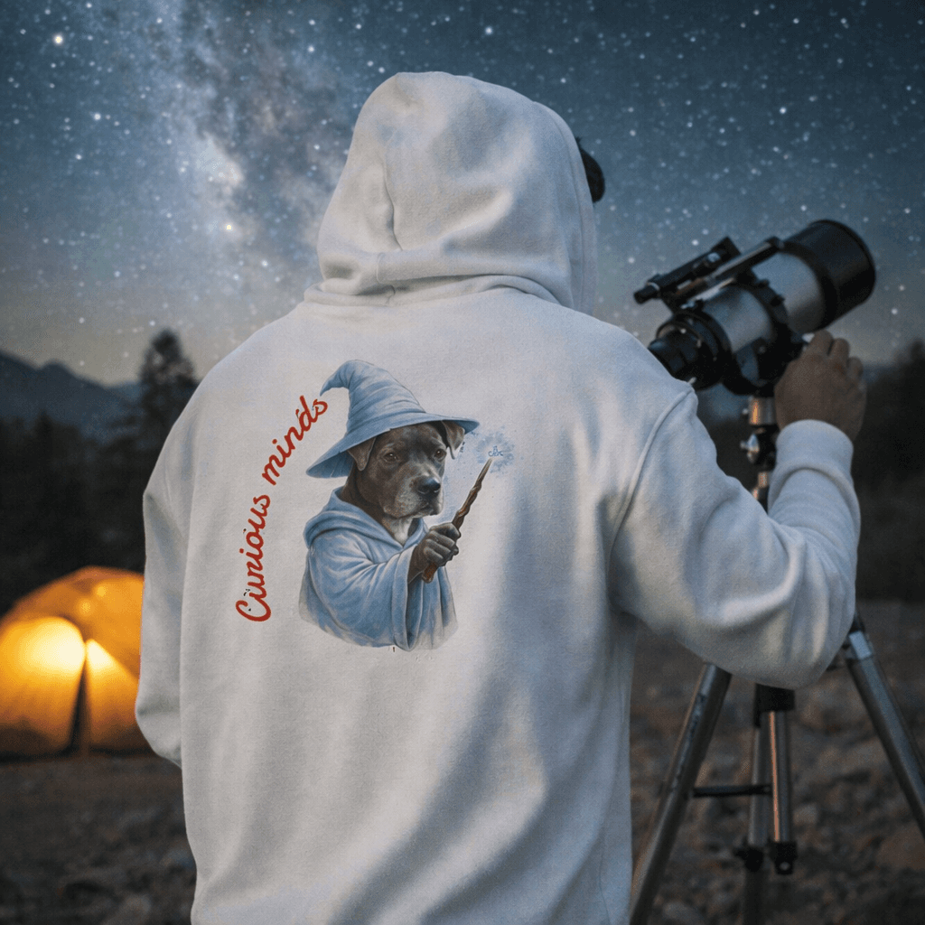 Curious Minds Pit Wizard Hoodie | Pit Bull Mage Illustration Hooded Sweatshirt