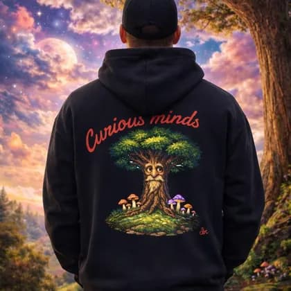 Curious Minds Tree Illustration Hoodie | Mushroom Forest